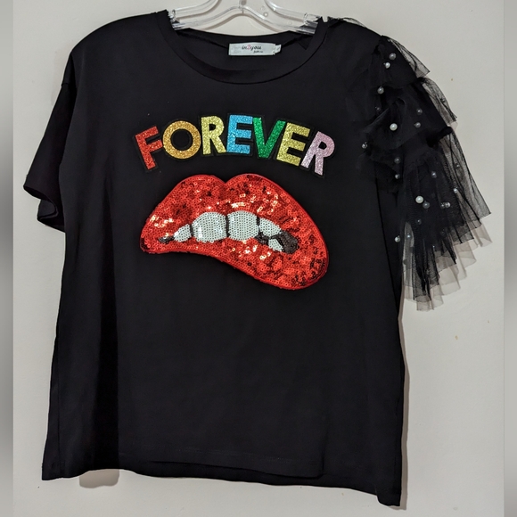 In2you Black Sequin Forever Shirt Size Small - Picture 2 of 8